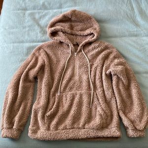 Cozy fluffy brown hooded sweatshirt with front pocket